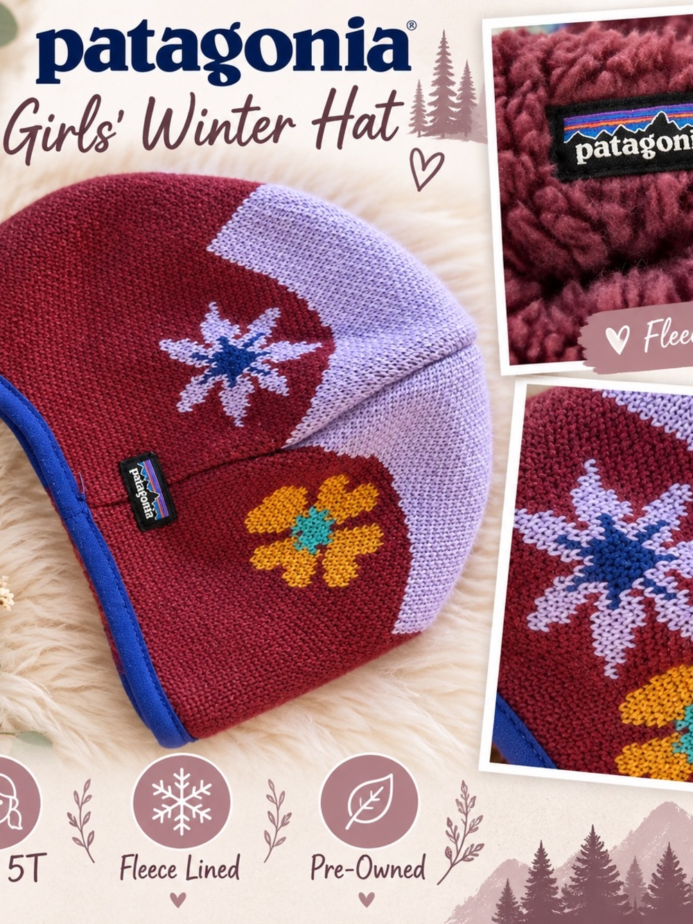 Patagonia Kids Knit Fleece-Lined Hat — Burgundy, Lavender & Blue Trim